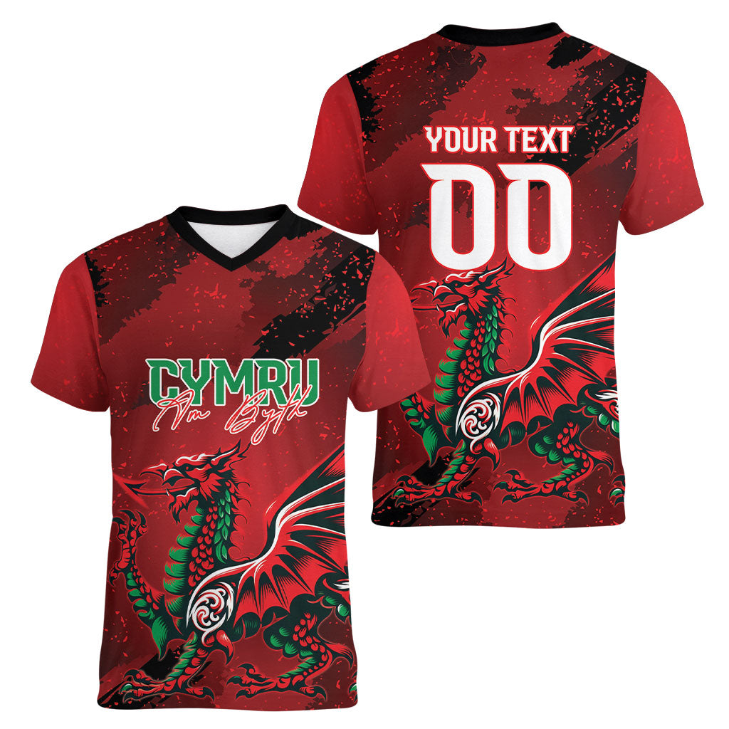 Wales Rugby National Heritage Custom Women V-Neck T-Shirt Red Dragon Inspired Edition
