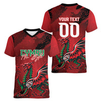 Wales Rugby National Heritage Custom Women V-Neck T-Shirt Red Dragon Inspired Edition