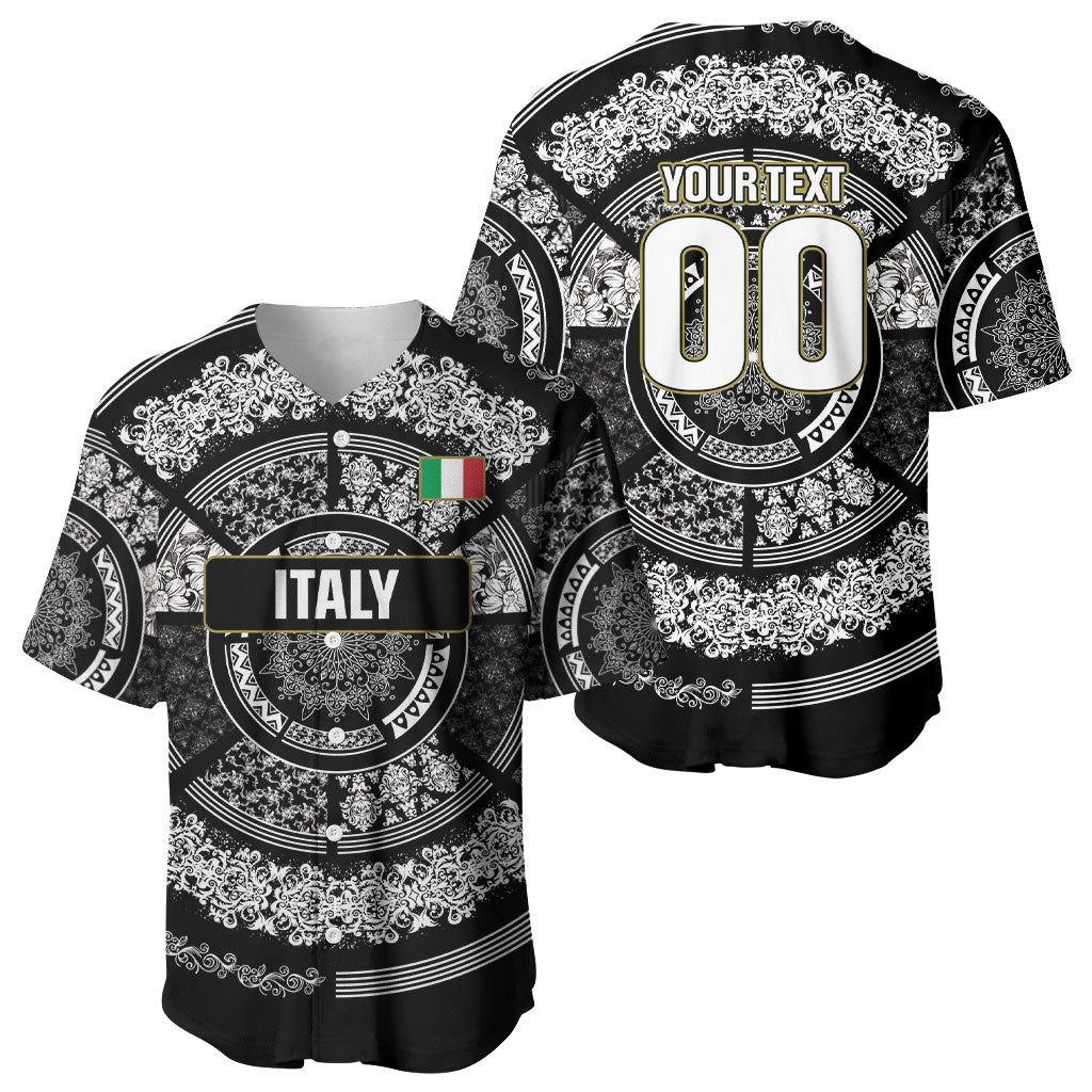 Italy Rugby Concept Custom Baseball Jersey Black and White Mandala Inspired