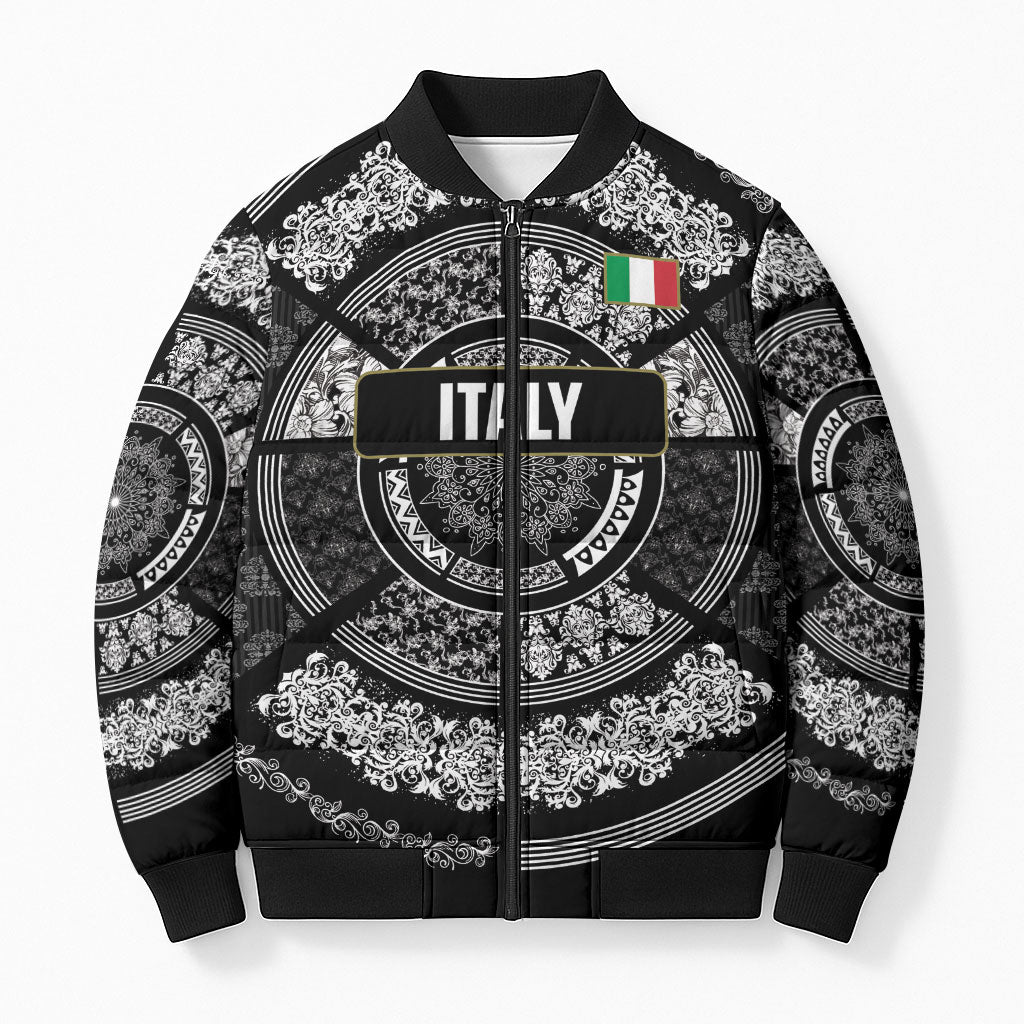 Italy Rugby Concept Custom Bomber Puffer Jacket Black and White Mandala Inspired