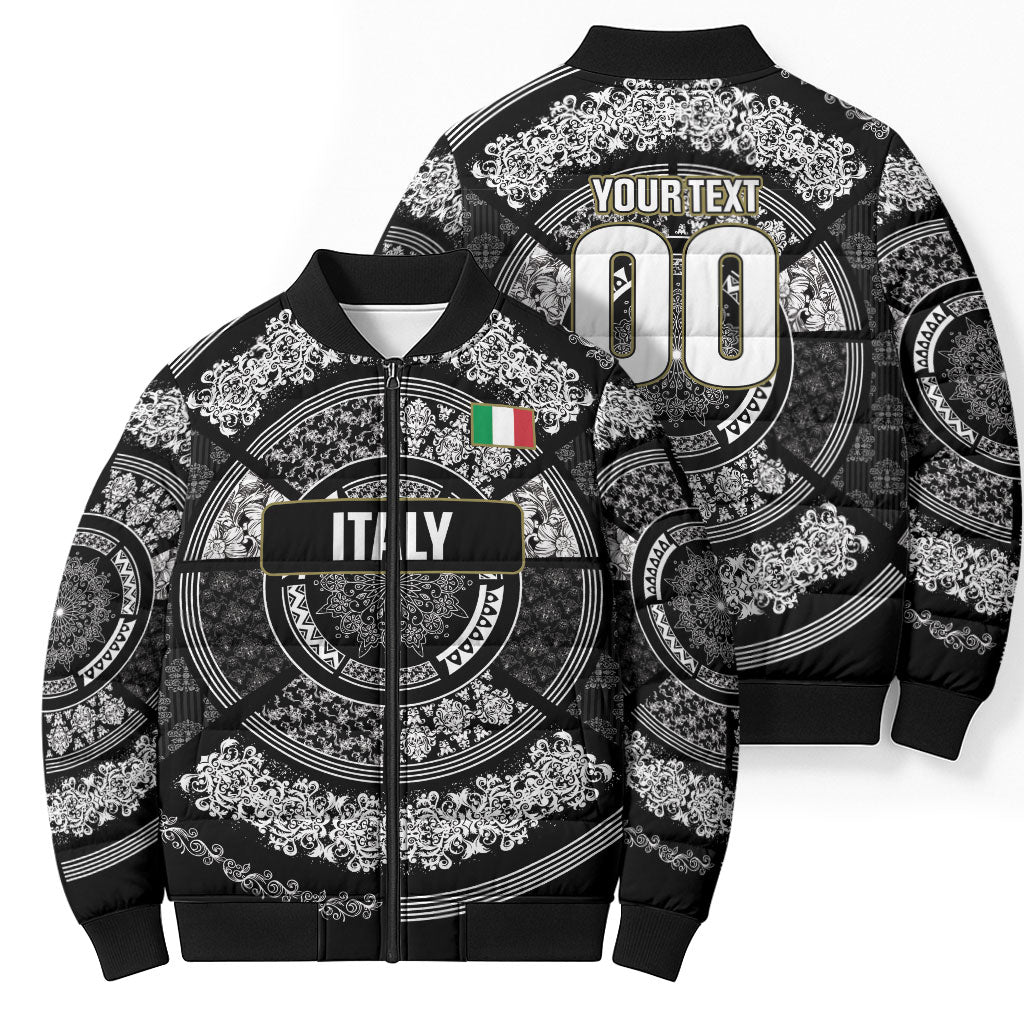 Italy Rugby Concept Custom Bomber Puffer Jacket Black and White Mandala Inspired