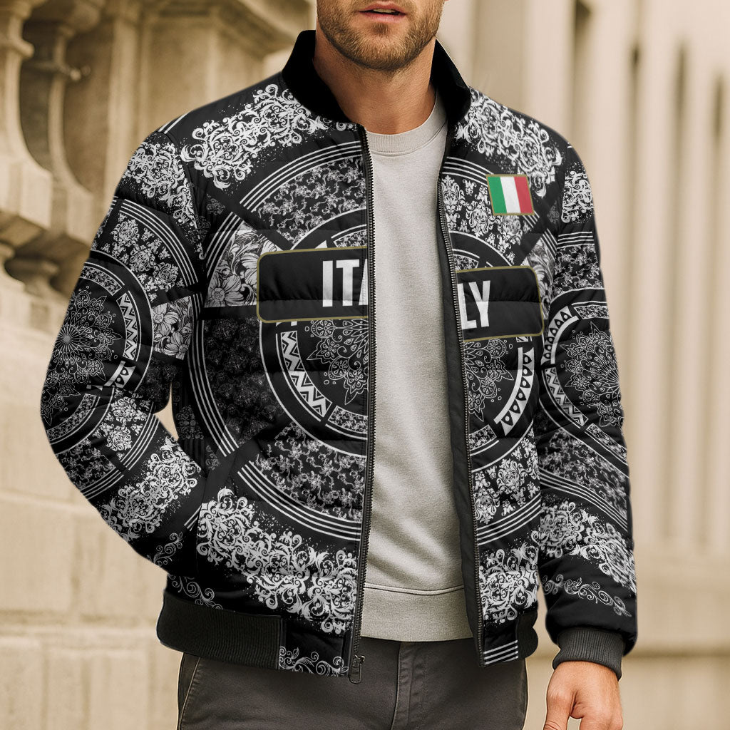 Italy Rugby Concept Custom Bomber Puffer Jacket Black and White Mandala Inspired