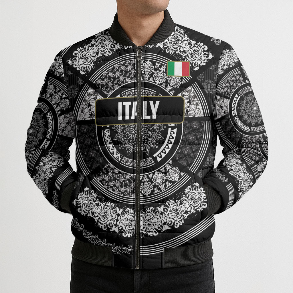 Italy Rugby Concept Custom Bomber Puffer Jacket Black and White Mandala Inspired