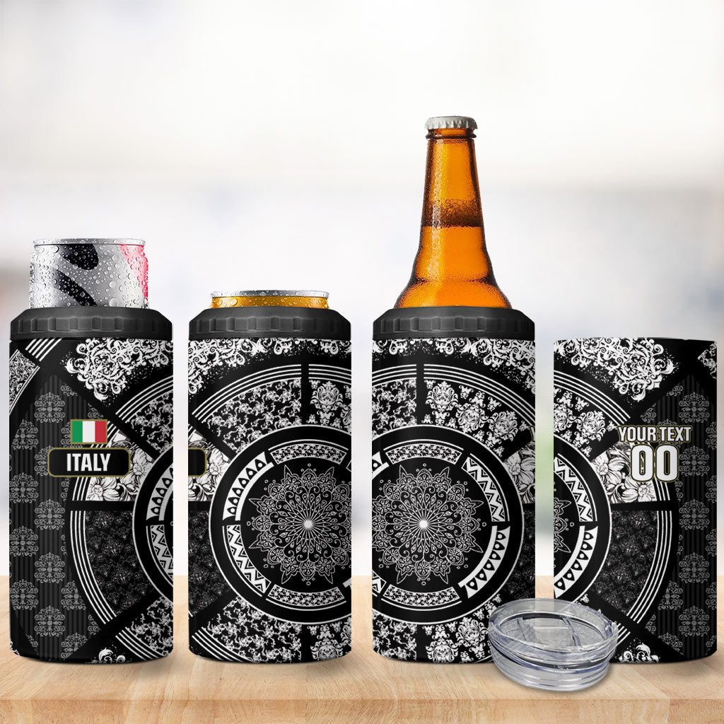 Italy Rugby Concept Custom 4 in 1 Can Cooler Tumbler Black and White Mandala Inspired
