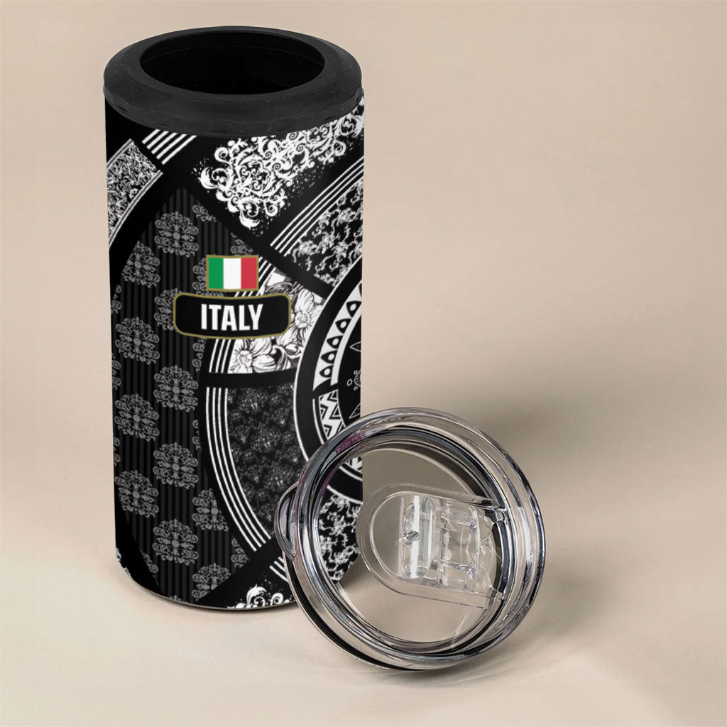 Italy Rugby Concept Custom 4 in 1 Can Cooler Tumbler Black and White Mandala Inspired
