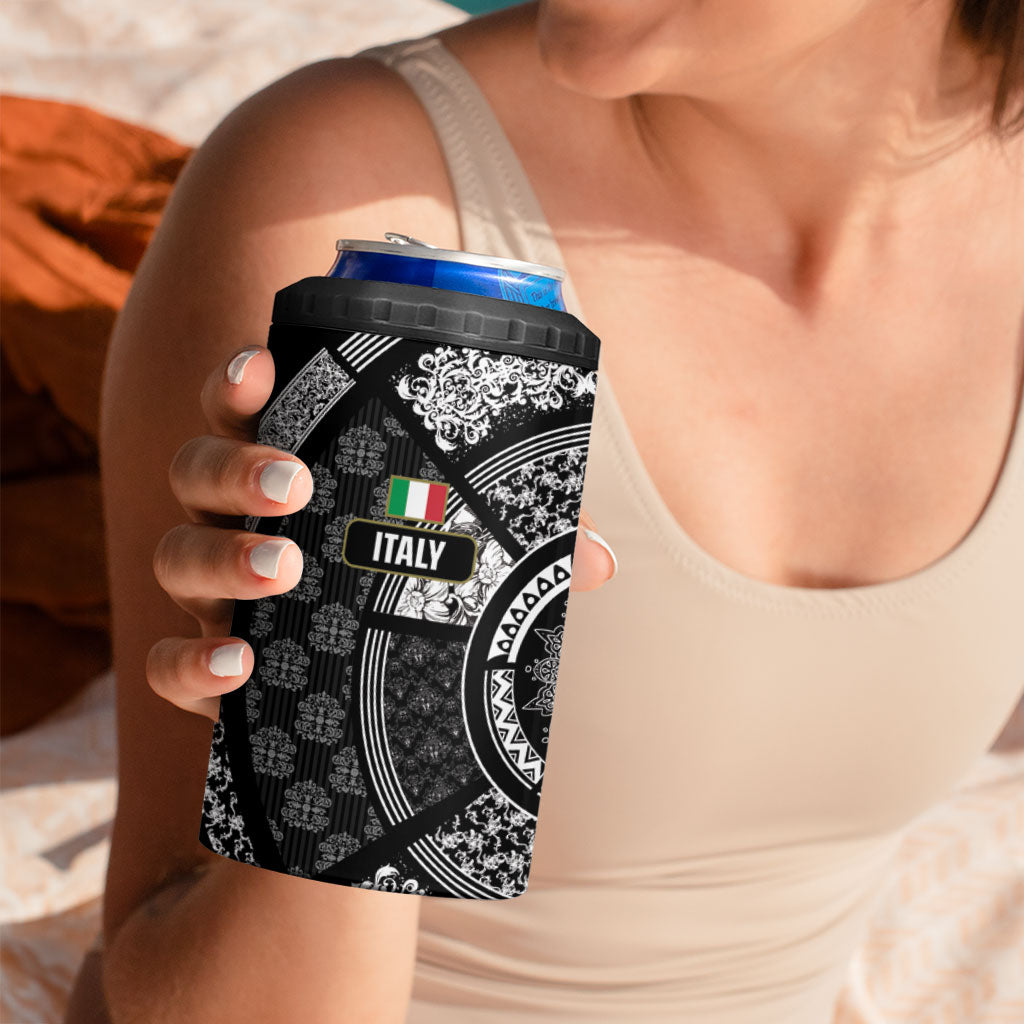 Italy Rugby Concept Custom 4 in 1 Can Cooler Tumbler Black and White Mandala Inspired