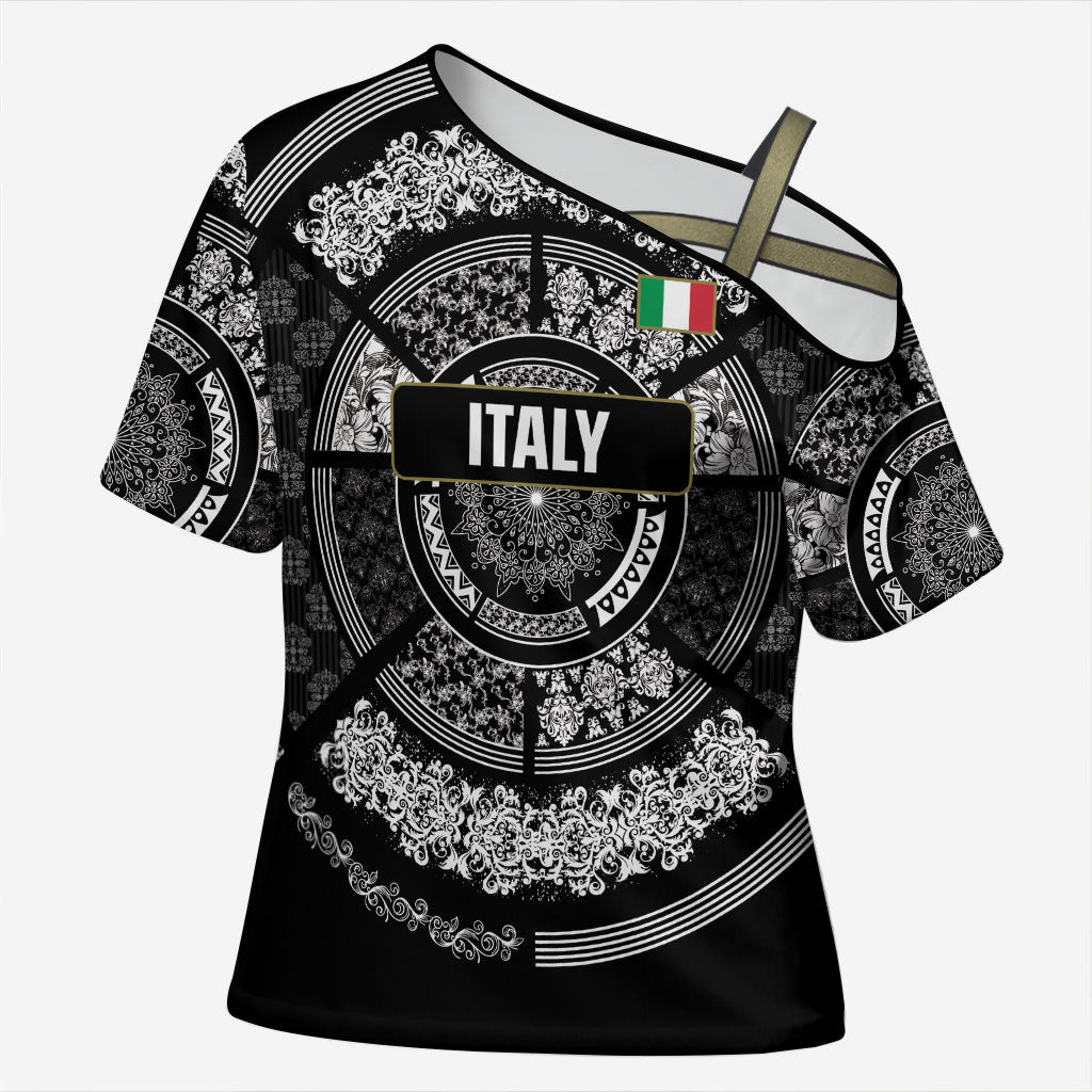 Italy Rugby Concept Custom Cross Shoulder Shirt Black and White Mandala Inspired