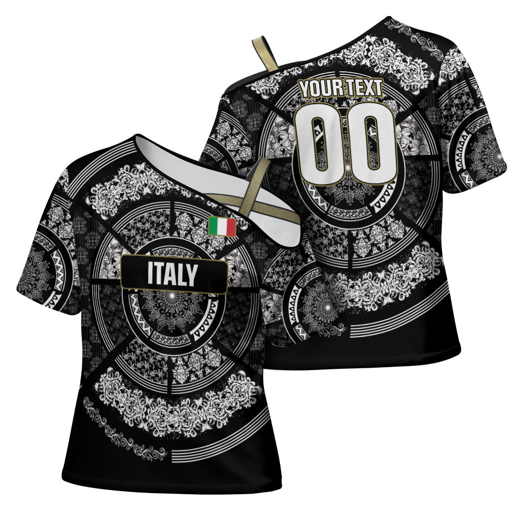 Italy Rugby Concept Custom Cross Shoulder Shirt Black and White Mandala Inspired