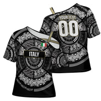 Italy Rugby Concept Custom Cross Shoulder Shirt Black and White Mandala Inspired