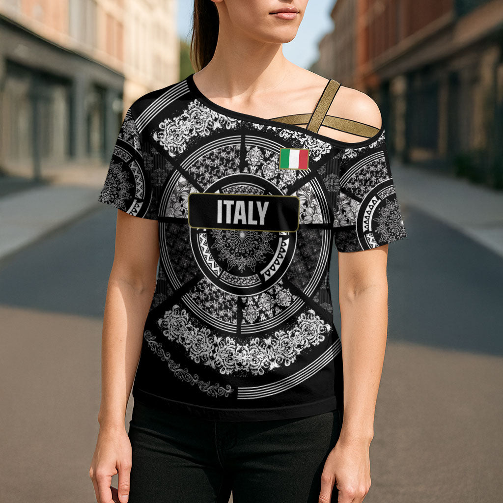 Italy Rugby Concept Custom Cross Shoulder Shirt Black and White Mandala Inspired