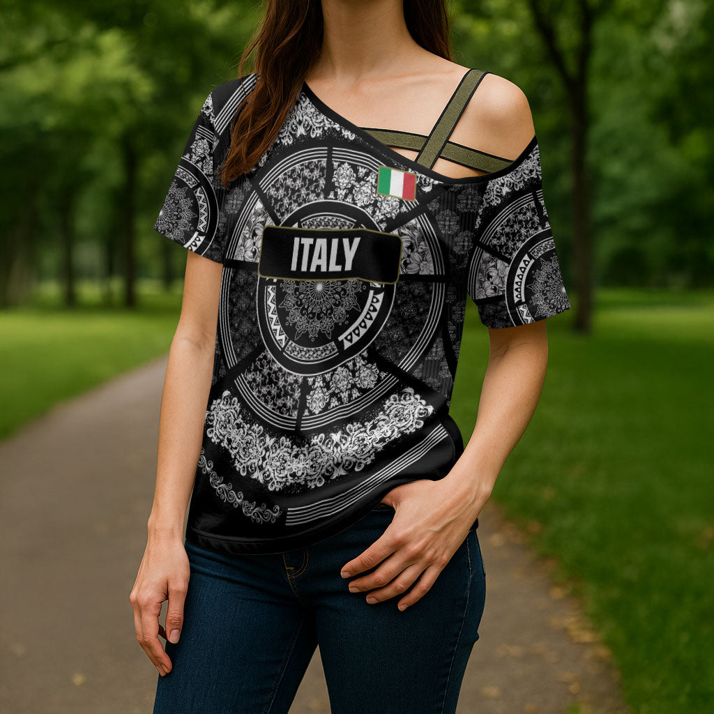 Italy Rugby Concept Custom Cross Shoulder Shirt Black and White Mandala Inspired