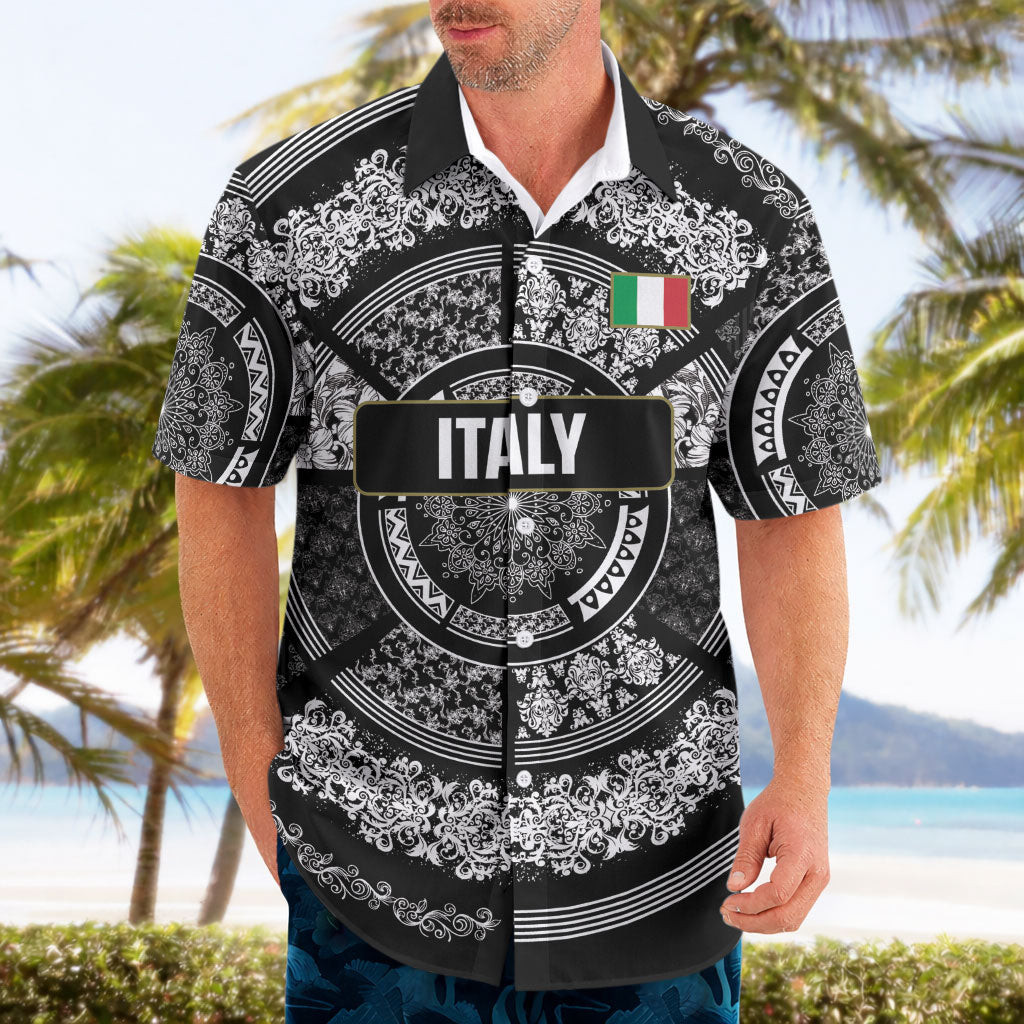 Italy Rugby Concept Custom Hawaiian Shirt Black and White Mandala Inspired