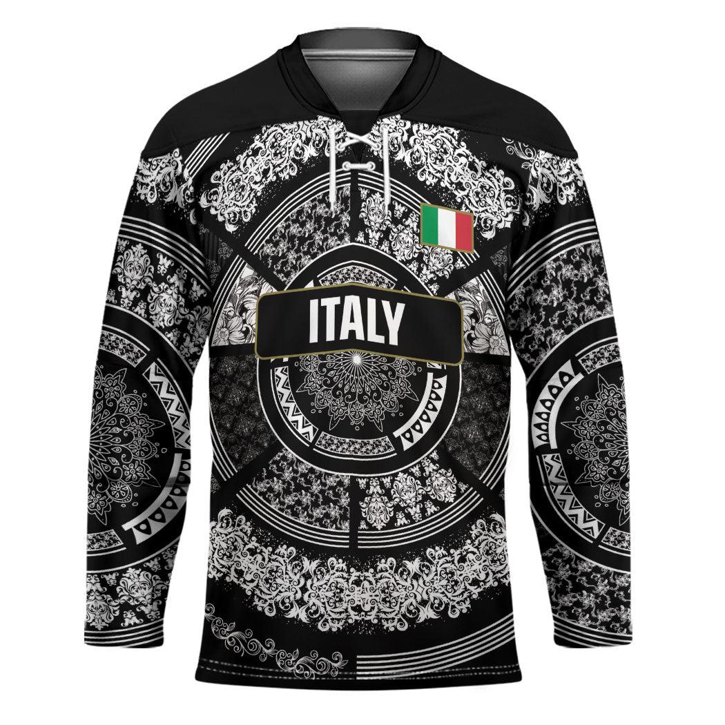 Italy Rugby Concept Custom Hockey Jersey Black and White Mandala Inspired