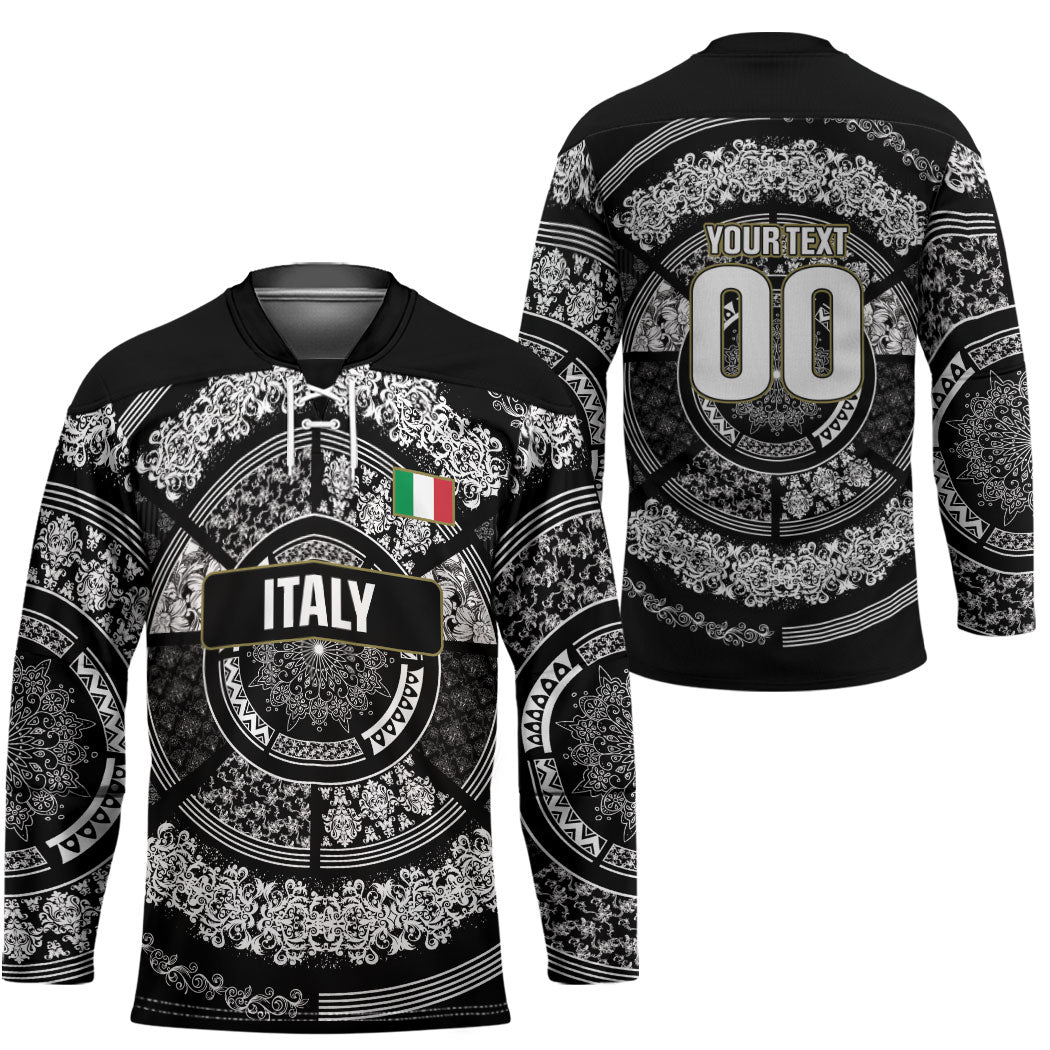 Italy Rugby Concept Custom Hockey Jersey Black and White Mandala Inspired