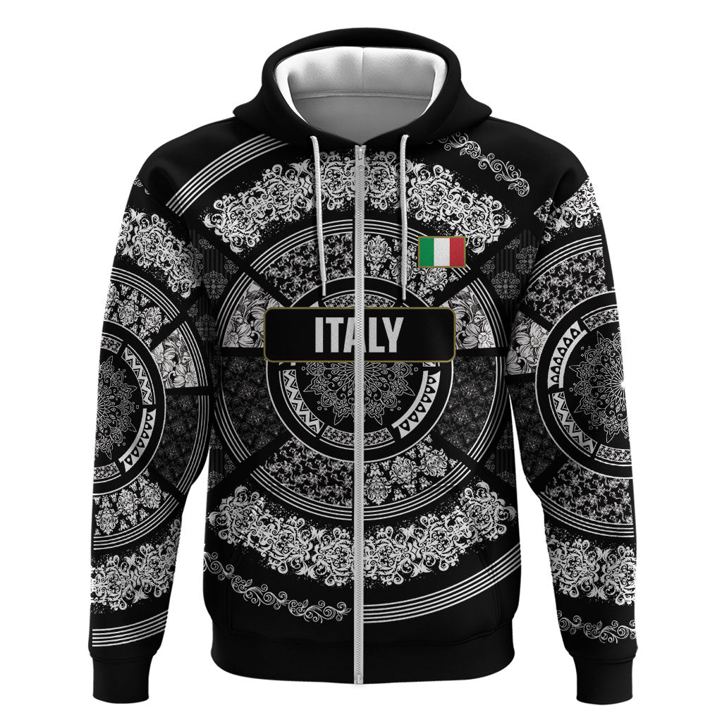 Italy Rugby Concept Custom Hoodie Black and White Mandala Inspired