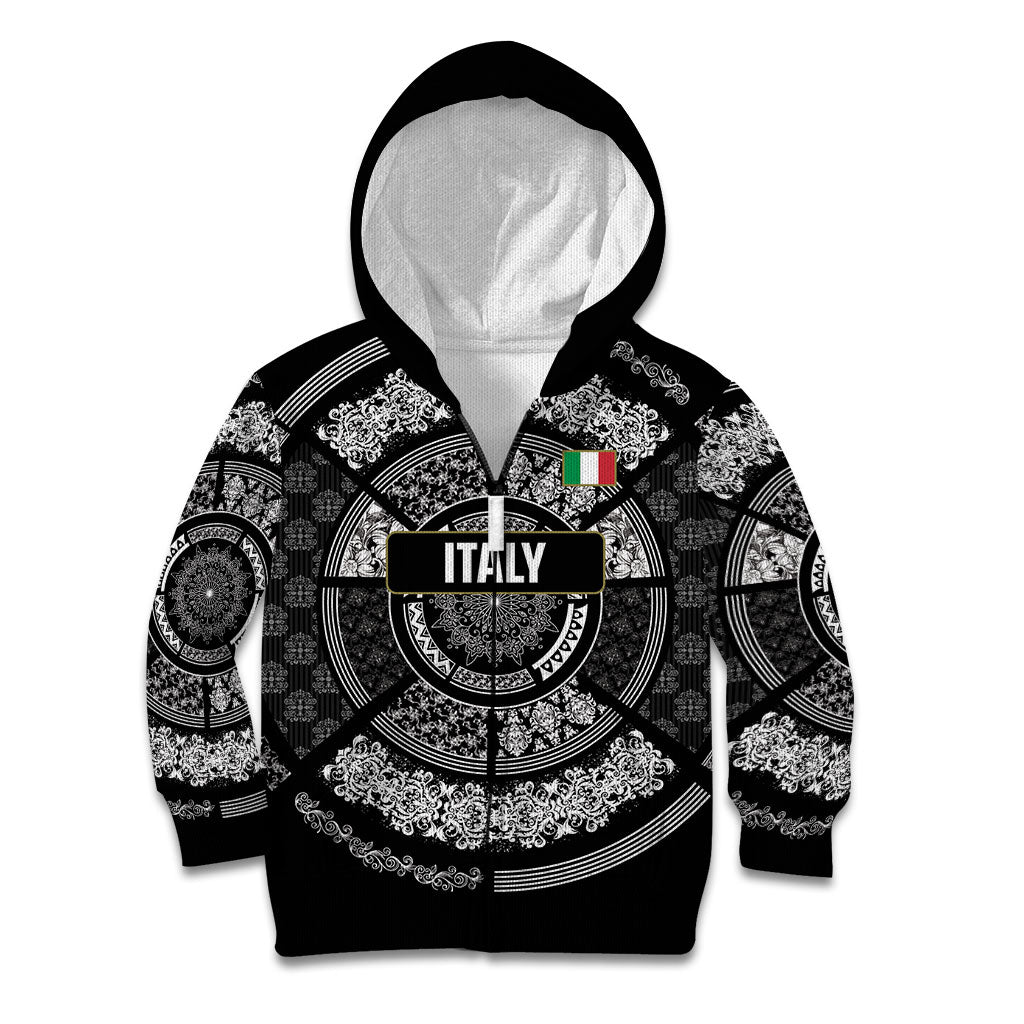 Italy Rugby Concept Custom Kid Hoodie Black and White Mandala Inspired