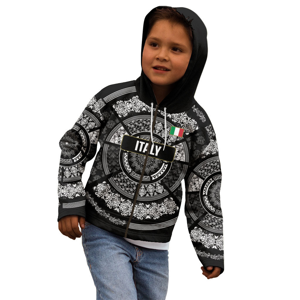 Italy Rugby Concept Custom Kid Hoodie Black and White Mandala Inspired