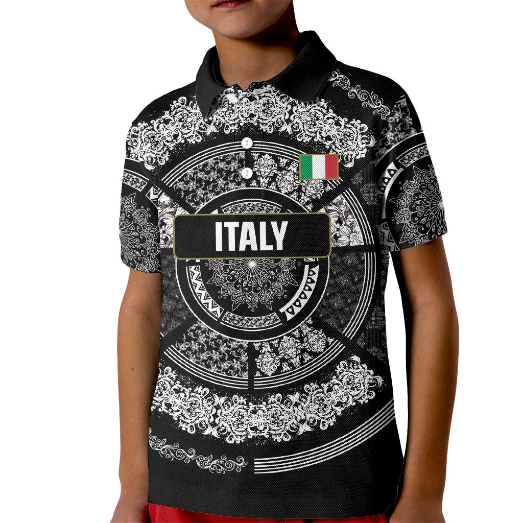 Italy Rugby Concept Custom Kid Polo Shirt Black and White Mandala Inspired