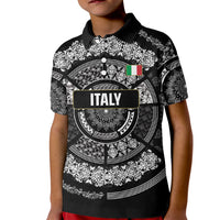 Italy Rugby Concept Custom Kid Polo Shirt Black and White Mandala Inspired