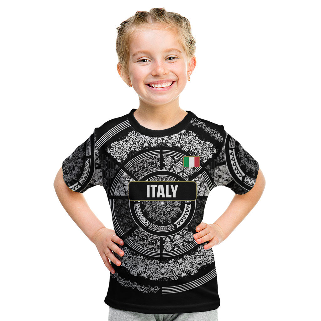 Italy Rugby Concept Custom Kid T Shirt Black and White Mandala Inspired