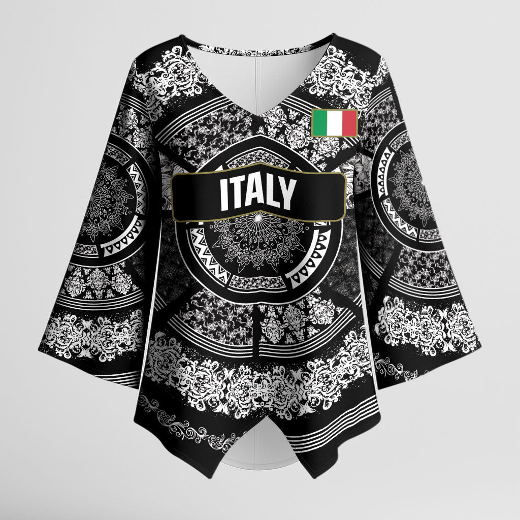 Italy Rugby Concept Custom Kimono Sleeve Blouse Black and White Mandala Inspired