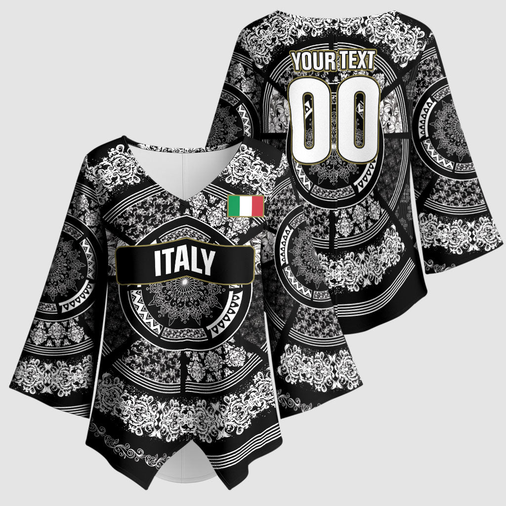 Italy Rugby Concept Custom Kimono Sleeve Blouse Black and White Mandala Inspired