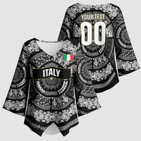 Italy Rugby Concept Custom Kimono Sleeve Blouse Black and White Mandala Inspired