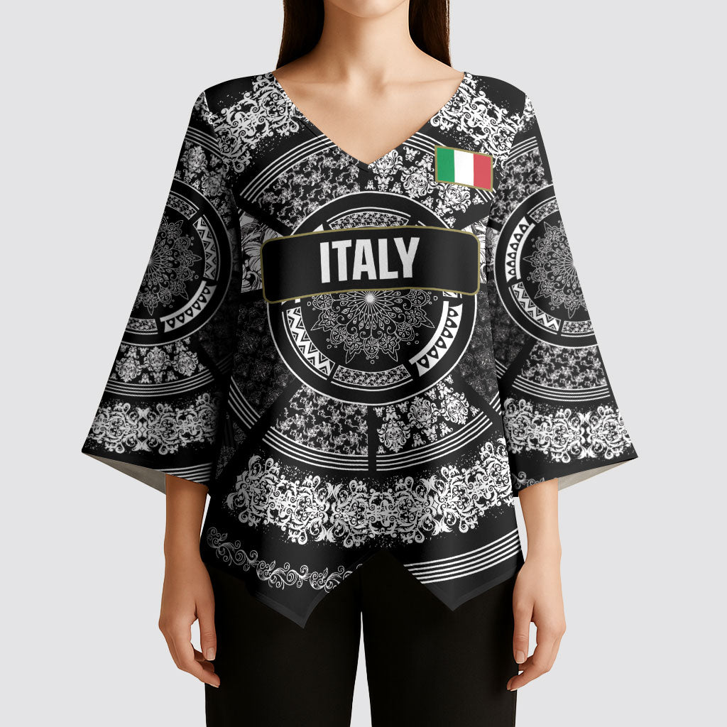 Italy Rugby Concept Custom Kimono Sleeve Blouse Black and White Mandala Inspired