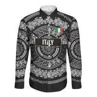 Italy Rugby Concept Custom Long Sleeve Button Shirt Black and White Mandala Inspired