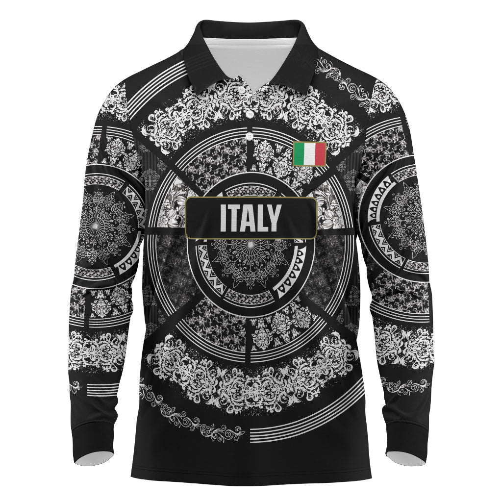 Italy Rugby Concept Custom Long Sleeve Polo Shirt Black and White Mandala Inspired