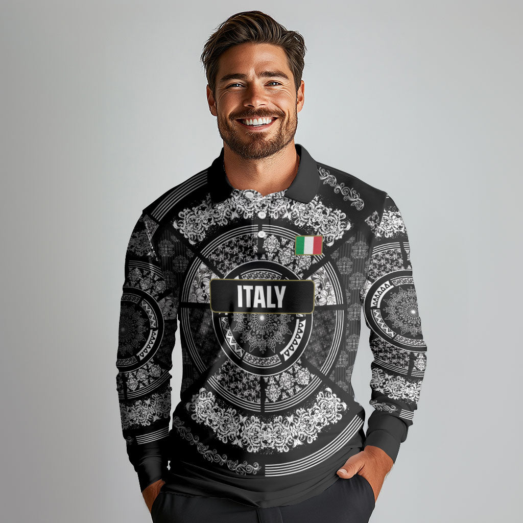 Italy Rugby Concept Custom Long Sleeve Polo Shirt Black and White Mandala Inspired