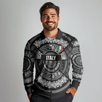 Italy Rugby Concept Custom Long Sleeve Polo Shirt Black and White Mandala Inspired