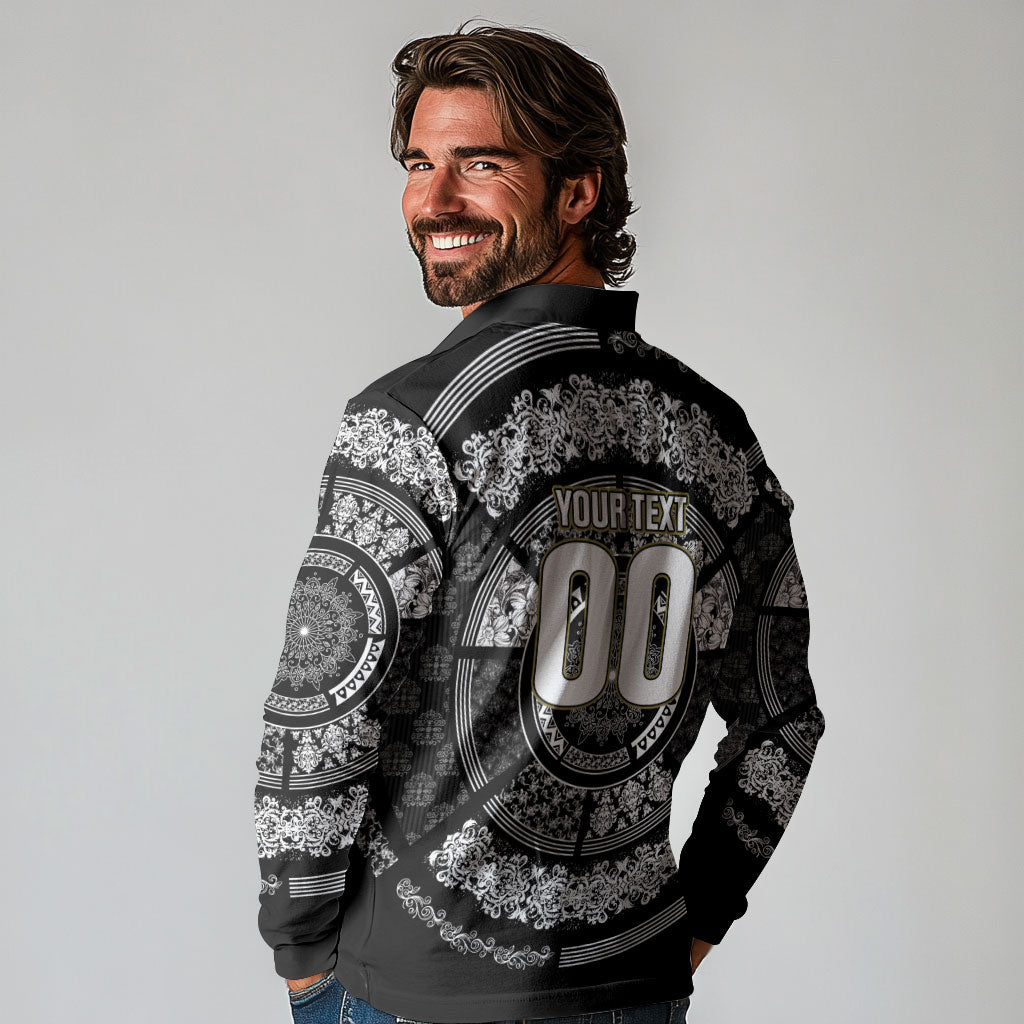 Italy Rugby Concept Custom Long Sleeve Polo Shirt Black and White Mandala Inspired