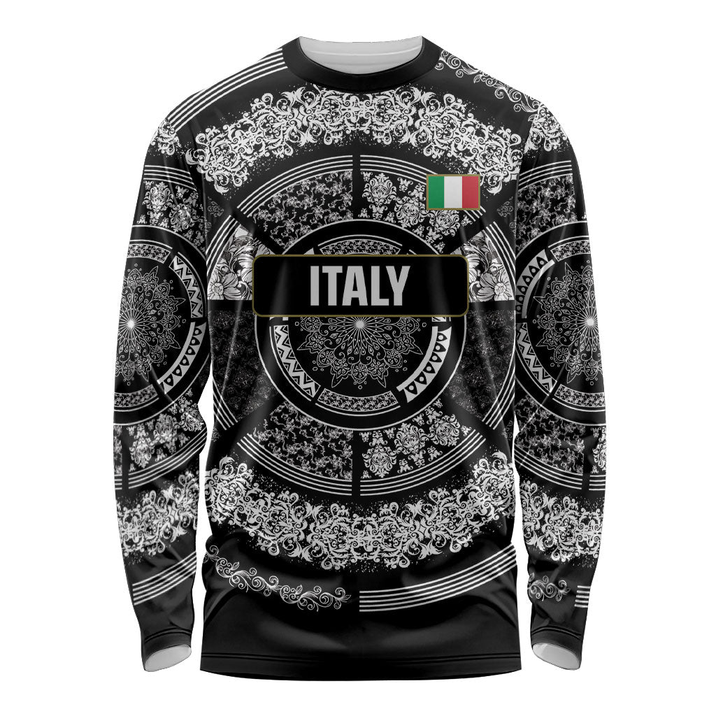 Italy Rugby Concept Custom Long Sleeve Shirt Black and White Mandala Inspired