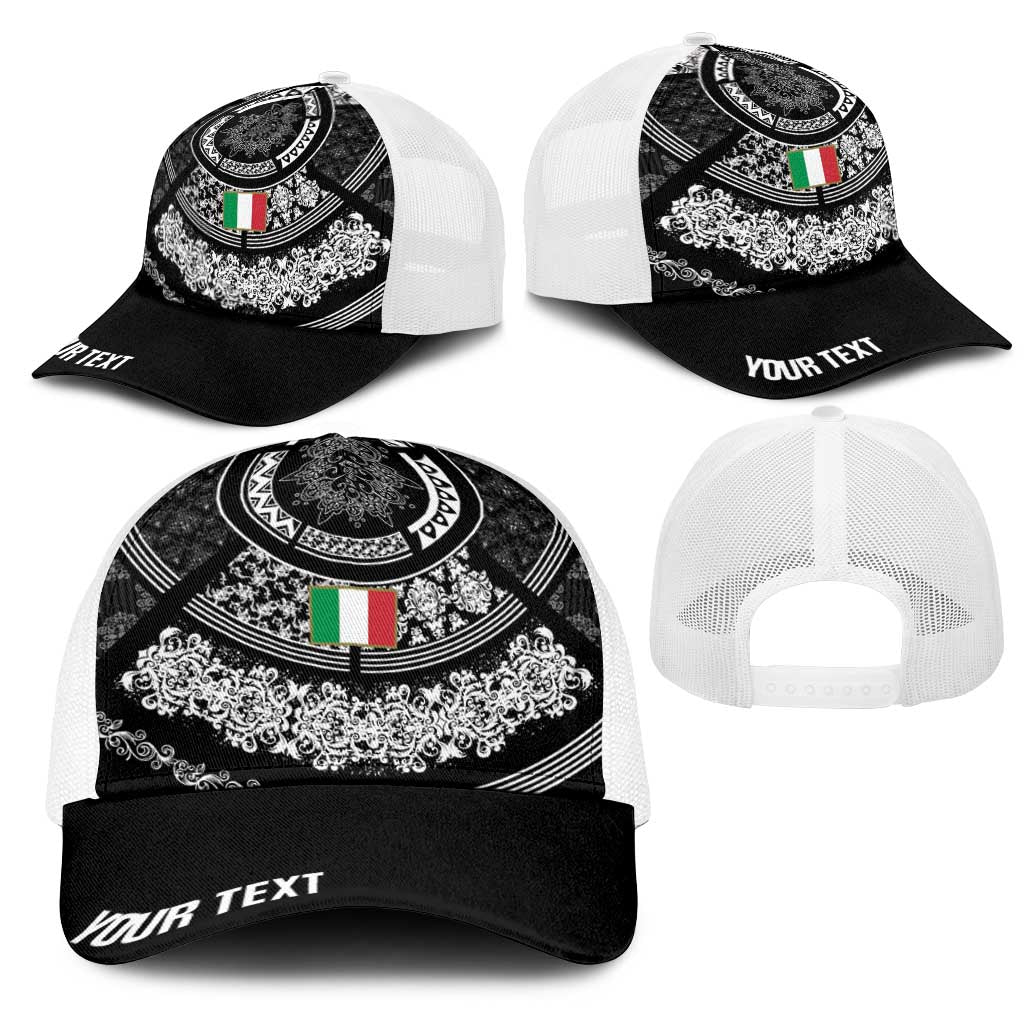Italy Rugby Concept Personalized Mesh Trucker Cap Black and White Mandala Inspired