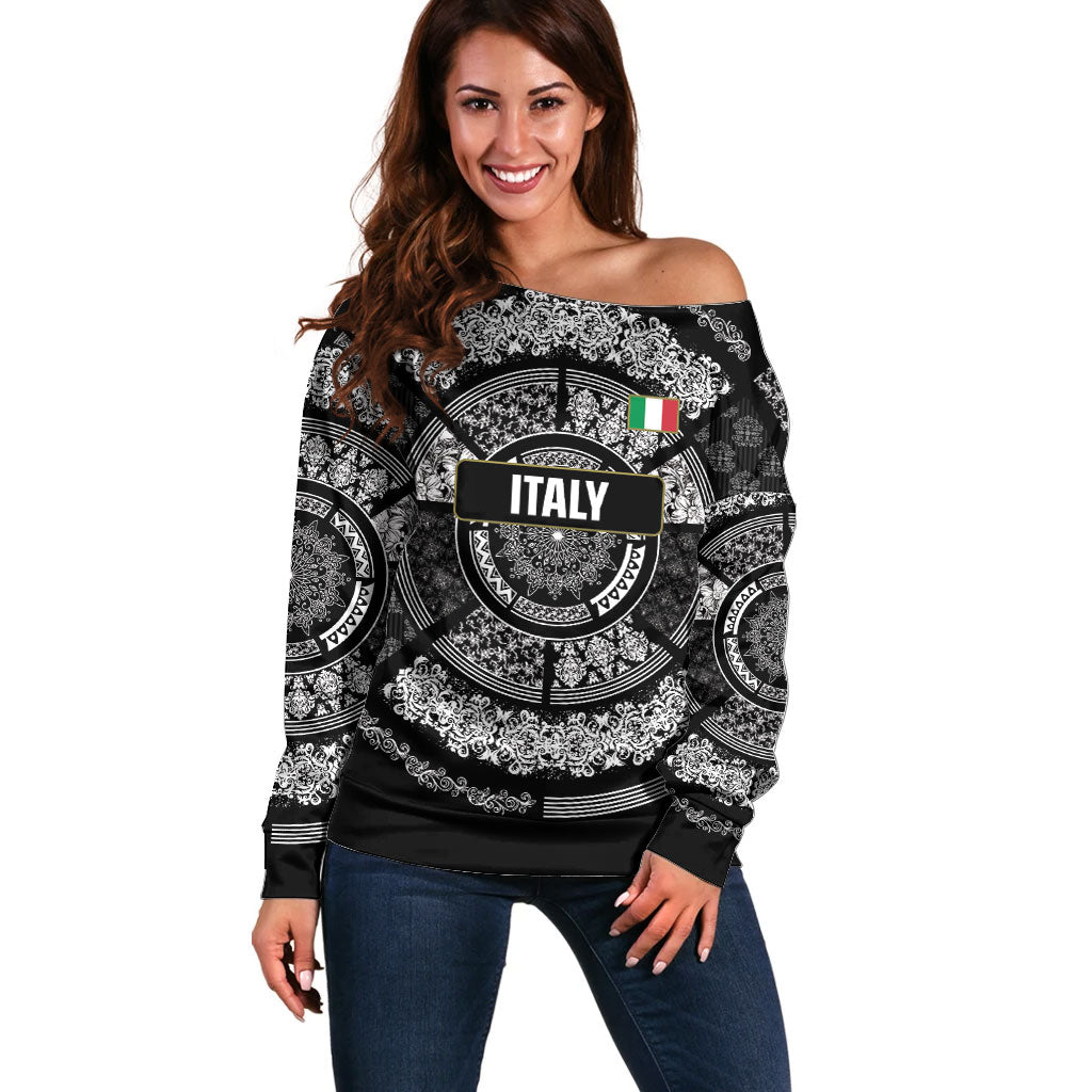 Italy Rugby Concept Custom Off Shoulder Sweater Black and White Mandala Inspired