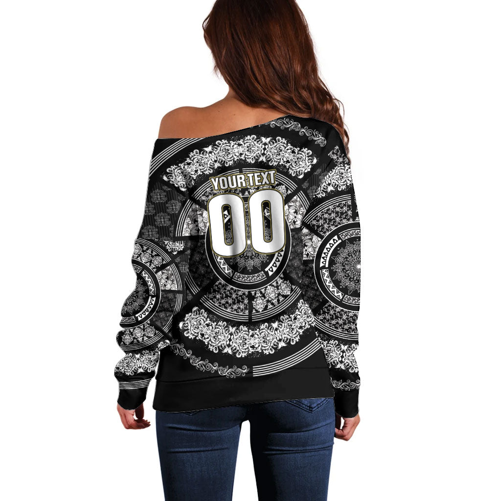 Italy Rugby Concept Custom Off Shoulder Sweater Black and White Mandala Inspired