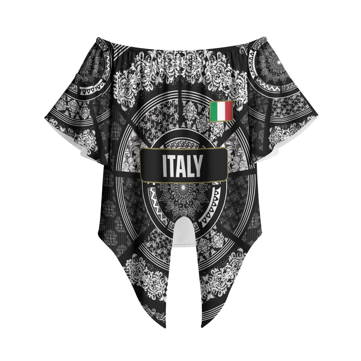 Italy Rugby Concept Custom Off Shoulder Wrap Waist Top Black and White Mandala Inspired