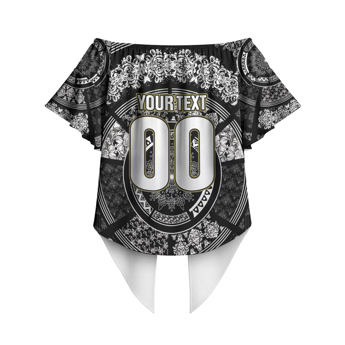 Italy Rugby Concept Custom Off Shoulder Wrap Waist Top Black and White Mandala Inspired