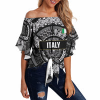 Italy Rugby Concept Custom Off Shoulder Wrap Waist Top Black and White Mandala Inspired
