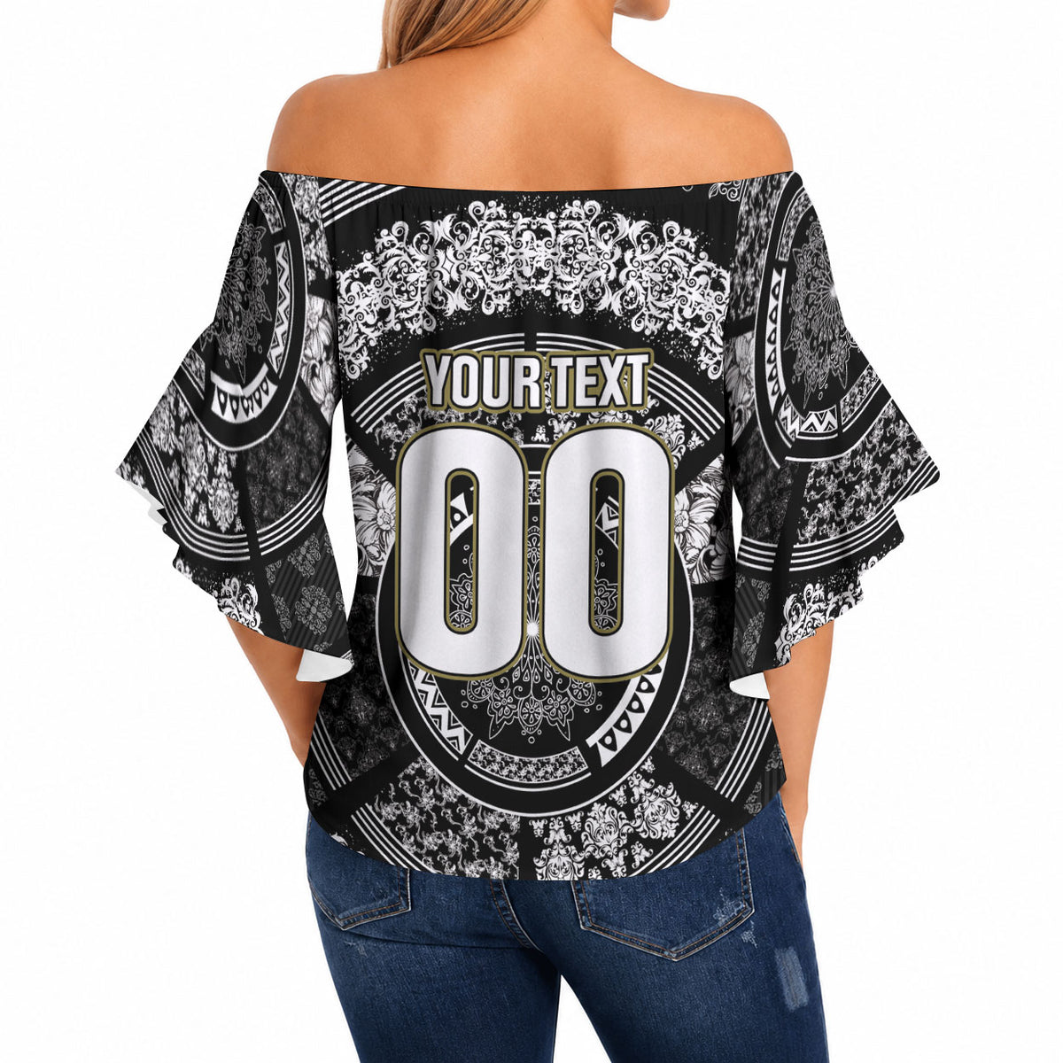 Italy Rugby Concept Custom Off Shoulder Wrap Waist Top Black and White Mandala Inspired