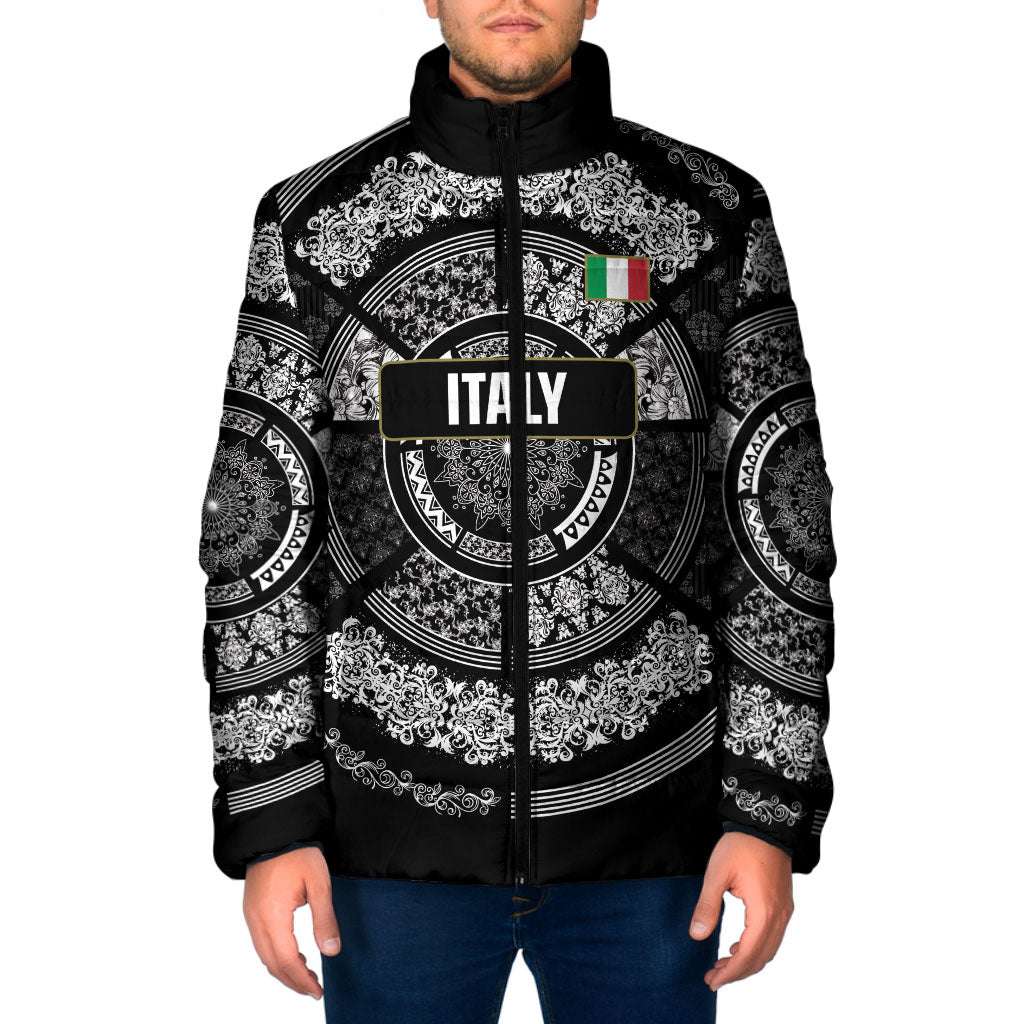 Italy Rugby Concept Custom Padded Jacket Black and White Mandala Inspired