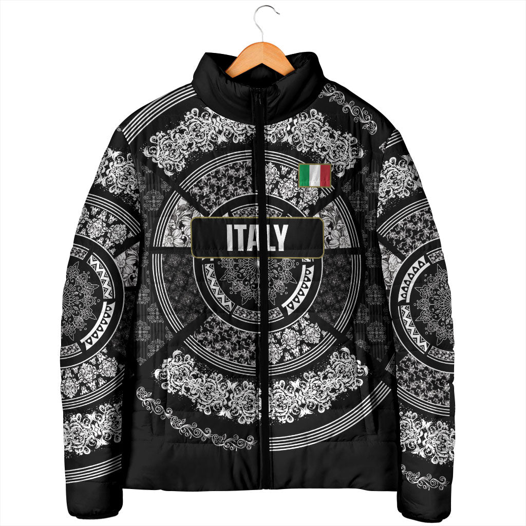 Italy Rugby Concept Custom Padded Jacket Black and White Mandala Inspired