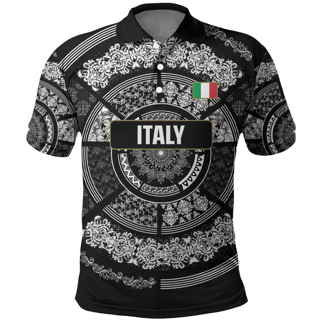 Italy Rugby Concept Custom Polo Shirt Black and White Mandala Inspired