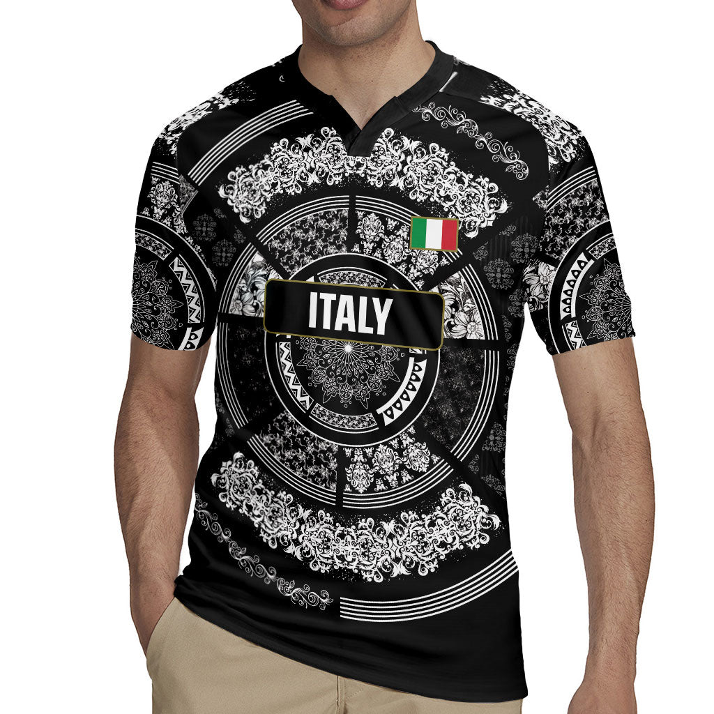 Italy Rugby Concept Custom Rugby Jersey Black and White Mandala Inspired