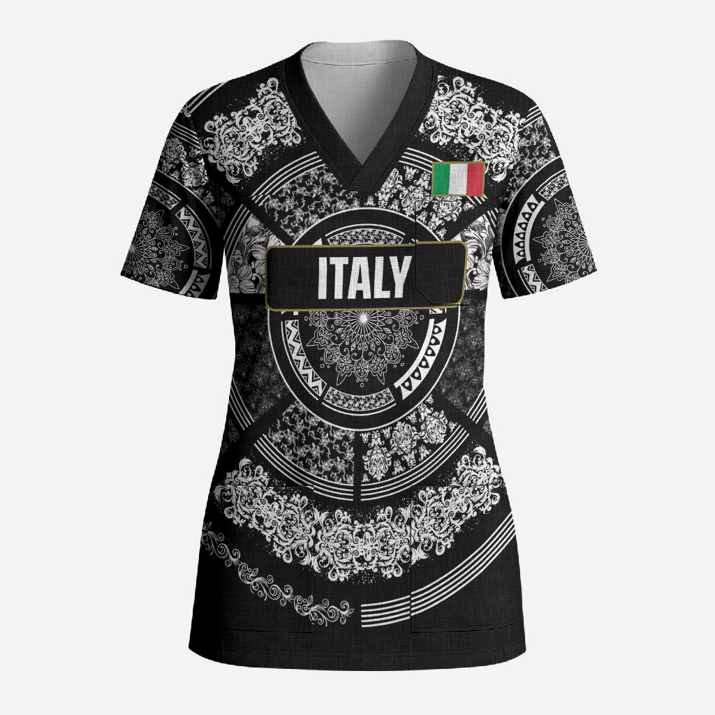 Italy Rugby Concept Custom Scrub Top Black and White Mandala Inspired