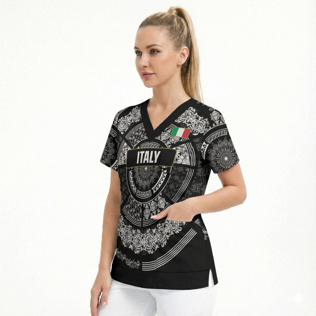 Italy Rugby Concept Custom Scrub Top Black and White Mandala Inspired