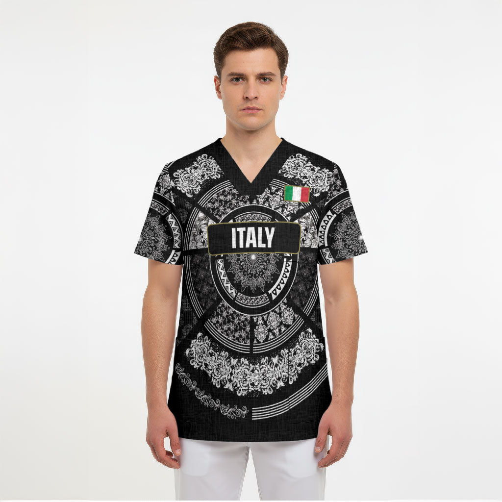 Italy Rugby Concept Custom Scrub Top Black and White Mandala Inspired