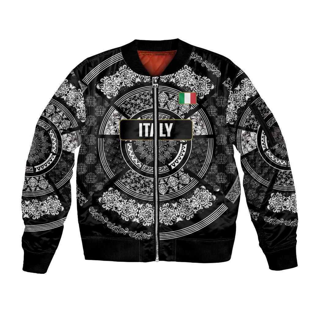 Italy Rugby Concept Custom Sleeve Zip Bomber Jacket Black and White Mandala Inspired