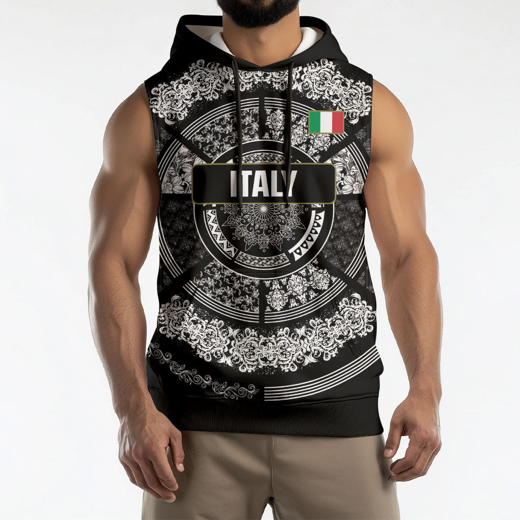 Italy Rugby Concept Custom Sleeveless Hoodie Black and White Mandala Inspired